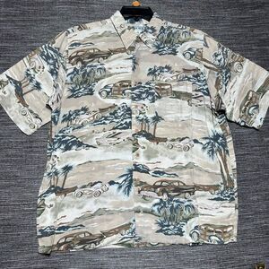 Hana Bay Hawaiian Shirt Men's L Brown Car Floral Short Sleeve Button Up